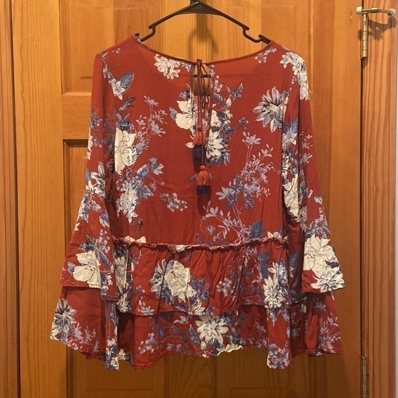 Altar'd State Long Sleeve Boho Style Floral Bell Sleeve and Ruffle Blouse - Picture 2 of 4